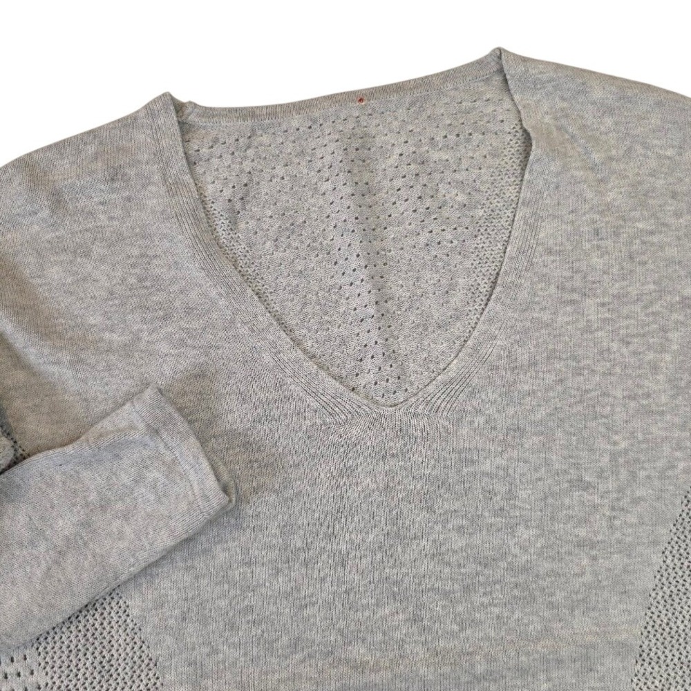 Lululemon Womens 6? Still Movement V-Neck Sweater Grey Pointelle Knit High-Low